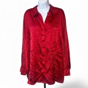 🌹Croft & Barrow - Red Satin Crinkle Textured Button Down Blouse - Size 3X